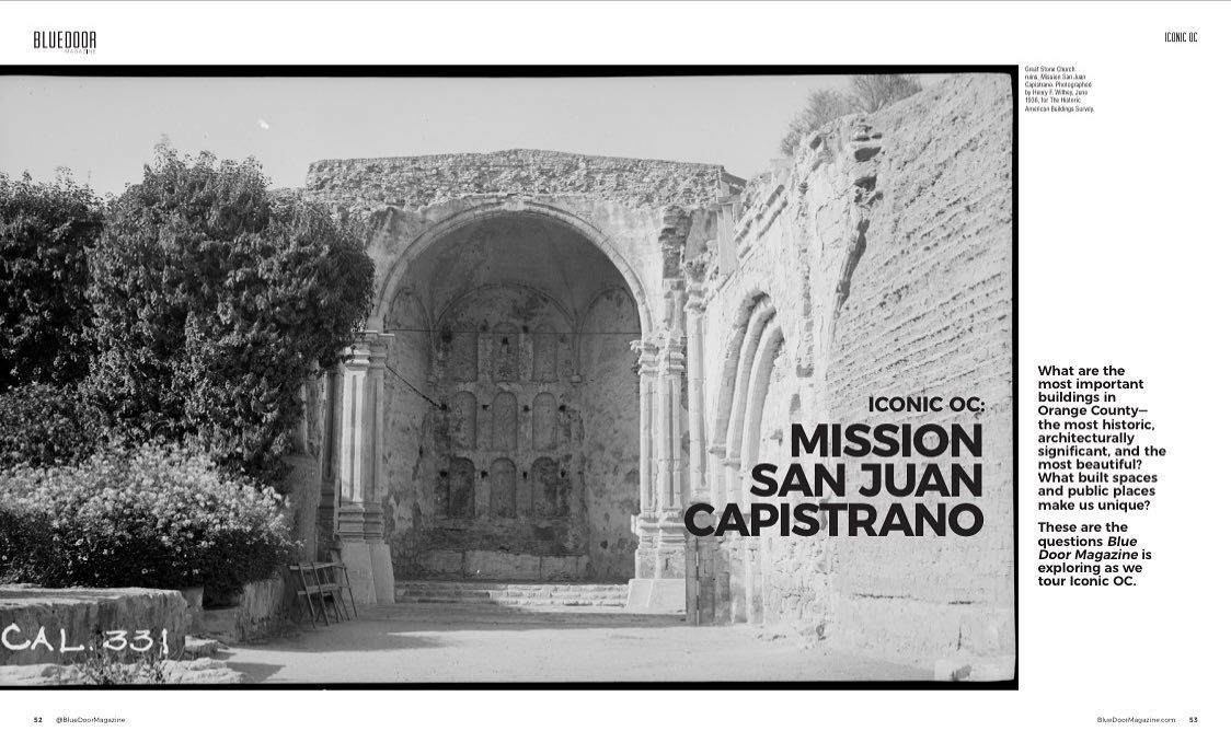 Mission San Juan Capistrano is a destination for the devoted, the architecturally inspired, and the historically intrigued, as well as thousands of school children on field trips. If able to walk these ruins of the Great Stone Church, take time to remember those who built it, and those who perished when it fell. The photographs and drawings in this story are from The Historic American Buildings Survey (HABS), established in 1933 to create a public archive of America’s architectural heritage. Read more about Orange County origins at Mission San Juan Capistrano, an iconic OC site i the current issue of Blue Door Magazine. @bluedoormagazine @missionsanjuancapistrano #bluedoormagazine #missionsanjuancapistrano #thehistoricamericanbuildings #orangecountyhistory